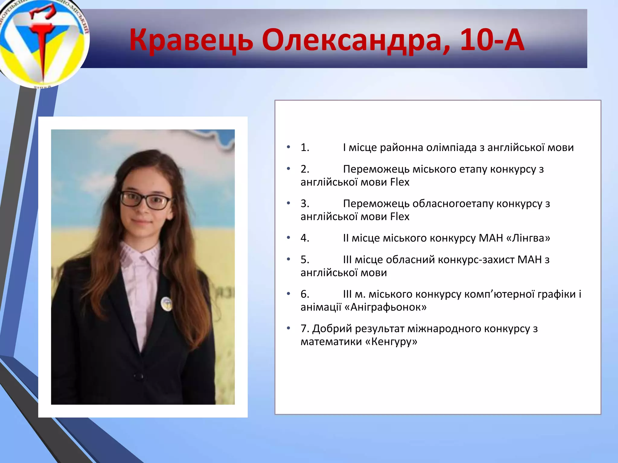 Кравець Олександра, 10-А
• 1. І місце районна олімпіада з англійської мови
• 2. Переможець міського етапу конкурсу з
англійської мови Flex
• 3. Переможець обласногоетапу конкурсу з
англійської мови Flex
• 4. ІІ місце міського конкурсу МАН «Лінгва»
• 5. ІІІ місце обласний конкурс-захист МАН з
англійської мови
• 6. ІІІ м. міського конкурсу комп’ютерної графіки і
анімації «Аніграфьонок»
• 7. Добрий результат міжнародного конкурсу з
математики «Кенгуру»
 