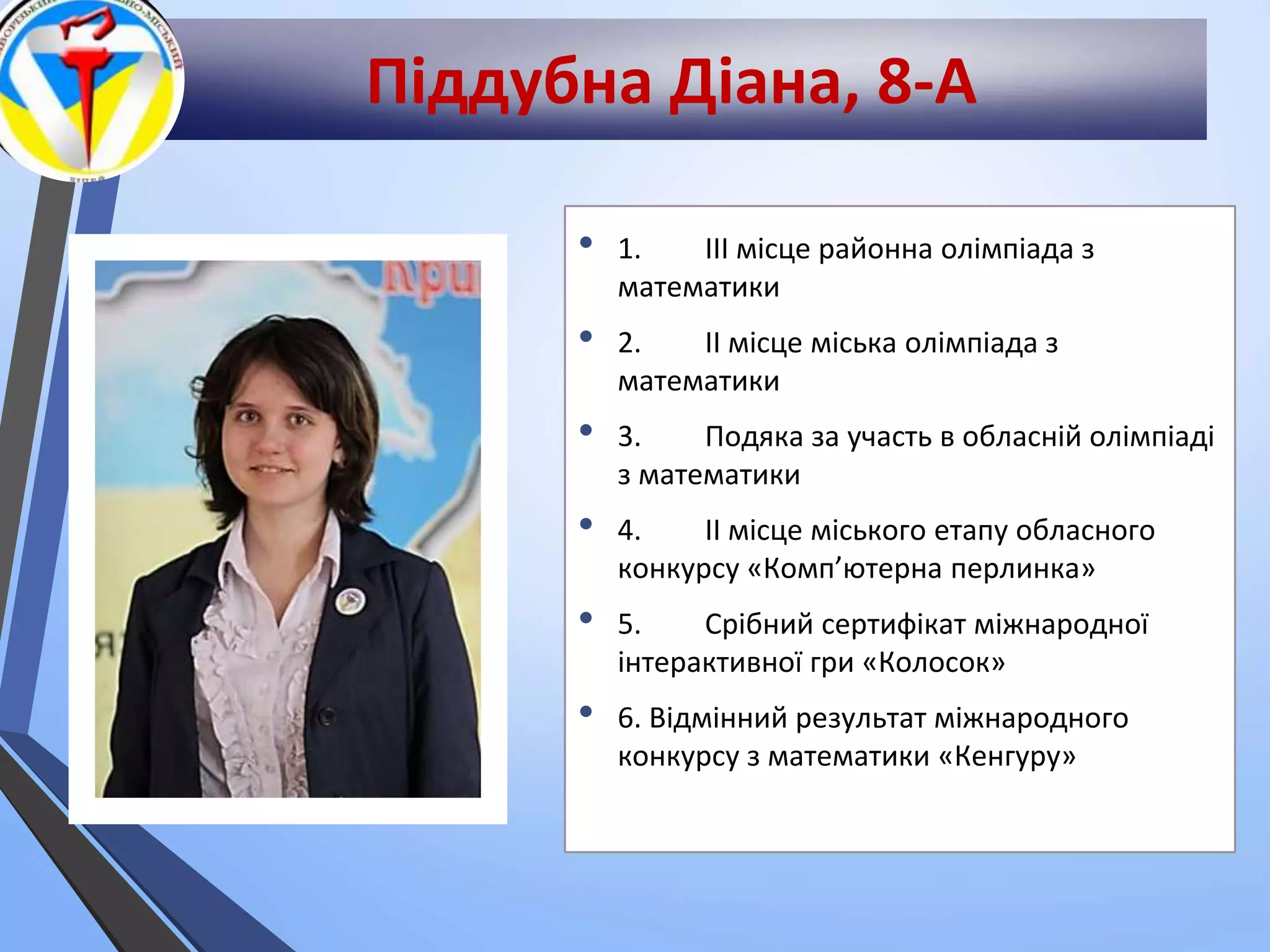Піддубна Діана, 8-А
• 1. ІІІ місце районна олімпіада з
математики
• 2. ІІ місце міська олімпіада з
математики
• 3. Подяка за участь в обласній олімпіаді
з математики
• 4. ІІ місце міського етапу обласного
конкурсу «Комп’ютерна перлинка»
• 5. Срібний сертифікат міжнародної
інтерактивної гри «Колосок»
• 6. Відмінний результат міжнародного
конкурсу з математики «Кенгуру»
 