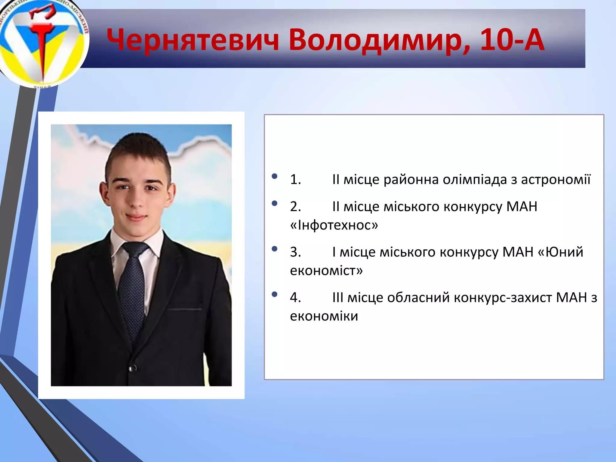 Чернятевич Володимир, 10-А
• 1. ІІ місце районна олімпіада з астрономії
• 2. ІІ місце міського конкурсу МАН
«Інфотехнос»
• 3. І місце міського конкурсу МАН «Юний
економіст»
• 4. ІІІ місце обласний конкурс-захист МАН з
економіки
 