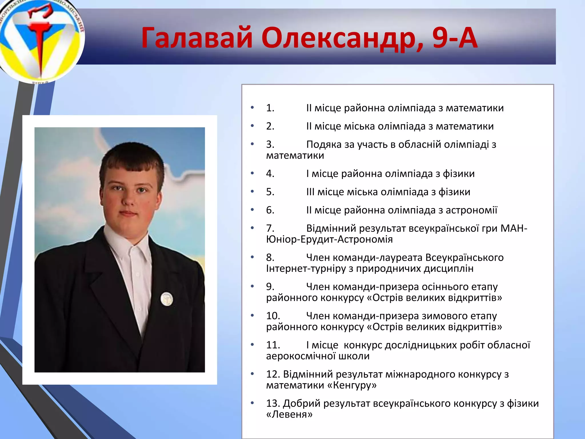Галавай Олександр, 9-А
• 1. ІІ місце районна олімпіада з математики
• 2. ІІ місце міська олімпіада з математики
• 3. Подяка за участь в обласній олімпіаді з
математики
• 4. І місце районна олімпіада з фізики
• 5. ІІІ місце міська олімпіада з фізики
• 6. ІІ місце районна олімпіада з астрономії
• 7. Відмінний результат всеукраїнської гри МАН-
Юніор-Ерудит-Астрономія
• 8. Член команди-лауреата Всеукраїнського
Інтернет-турніру з природничих дисциплін
• 9. Член команди-призера осіннього етапу
районного конкурсу «Острів великих відкриттів»
• 10. Член команди-призера зимового етапу
районного конкурсу «Острів великих відкриттів»
• 11. І місце конкурс дослідницьких робіт обласної
аерокосмічної школи
• 12. Відмінний результат міжнародного конкурсу з
математики «Кенгуру»
• 13. Добрий результат всеукраїнського конкурсу з фізики
«Левеня»
 