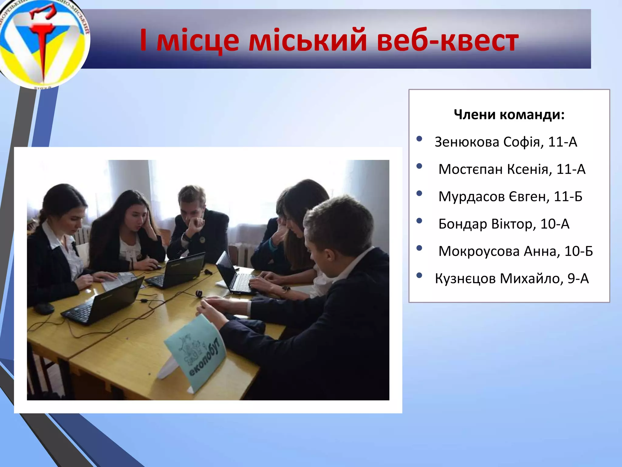 І місце міський веб-квест
Члени команди:
• Зенюкова Софія, 11-А
• Мостєпан Ксенія, 11-А
• Мурдасов Євген, 11-Б
• Бондар Віктор, 10-А
• Мокроусова Анна, 10-Б
• Кузнєцов Михайло, 9-А
 