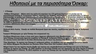 Ηθοποιοί με τα περισσότερα Όσκαρ:
• 4 Όσκαρ
Κάθριν Χέπμπορν Μέσα από την πολυετή καριέρα της (73 χρόνια) διατηρεί το ρεκόρ για τα
περισσότερα Όσκαρ Α' Γυναικείου Ρόλου, τέσσερα τον αριθμό, από δώδεκα υποψηφιότητες (η Μέριλ
Στριπκατέχει το ρεκόρ των περισσότερων υποψηφιοτήτων με δεκαεννέα). Η Χέπμπορν κέρδισε βραβείο
Έμμυ τo 1976 για το ρόλο της στην τηλεταινία Love Among the Ruins (Αγάπη Ανάμεσα στα Ερείπια). Ήταν
επίσης υποψήφια για τέσσερα ακόμα Emmy, δύο βραβεία Τόνι και εφτά Χρυσές Σφαίρες.
Το 1999 το Αμερικανικό Ινστιτούτο Κινηματογράφου την αξιολόγησε πρώτη στη λίστα με τις καλύτερες
γυναίκες ηθοποιούς όλων των εποχών
• 3 Όσκαρ
Ντάνιελ Ντέι-Λιούις Επαιξε σε πολλά θεατρικά έργα και ταινίες, κερδίζοντας τρία Όσκαρ Α' Ανδρικού
Ρόλου,
Ίνγκριντ Μπέργκμαν με τρία Όσκαρ στο ενεργητικό της
Ουόλτερ Μπρένναν είναι ο ένας από τρεις άρρενες ηθοποιούς που βραβεύτηκαν με
τρία Όσκαρ υποκριτικής έχοντας κερδίσει το Όσκαρ Β' Ανδρικού Ρόλου τις χρονιές 1936, 1938 και 1940 (για
τις ταινίες Come and Get it, Κεντάκι (Kentucky) και Ο Λέων της Δύσης (The Westerner) αντίστοιχα).
Τζακ Νίκολσον Το πρώτο του Όσκαρ Α' ανδρικού ρόλου, το κέρδισε για την ερμηνεία του στην ταινία
του Μίλος Φόρμαν Στη Φωλιά του Κούκου (One Flew Over the Cuckoo's Nest, 1975).
Μέριλ Στριπ Για την πρώτη ταινία έλαβε την πρώτη της υποψηφιότητα για Όσκαρ ενώ για τη δεύτερη
κέρδισε το πρώτο της Όσκαρ. Το 1982 κέρδισε το δεύτερο Όσκαρ για την ερμηνεία της στην ταινία Η Εκλογή
της Σόφι(Sophie's Choice). Το 2012 κέρδισε το τρίτο της Όσκαρ για την ταινία Η Σιδηρά Κυρία (The Iron
Lady).
 