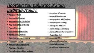 Πρότζεκτ του τμήματος Β’2 των
μαθητών/τριών:
• Καζάκου Κική
• Κισσούδη Μαρίνα
• Καραπατσιάς Κλεάνθης
• Καραμανίδης Ιωάννης
• Λόμη Μαντώ
• Νεντοζρέλοβα Αλίνα
• Τεκτονίδου Αθηνά
• Καπετανίδου Δέσποινα
• Γιαννιτζή Ελένη
• Μανάβη Κωνσταντίνα
• Λιμπέρη Αμαλία
• Παλαβουζοπούλου Ιωάννα
• Ρατσίδου Δέσποινα
• Μισαηλίδου Νάντια
• Μαυρομάτης Αλέξανδρος
• Μουφτόγλου Στάθης
• Μαδεμλής Βασίλης
• Καρανάσος Αλέξανδρος
• Καραμολέγκος Κωνσταντίνος
• Θωμαϊδου Κική
• Μαρούλη Λίνα
• Αθανασιάδου Ειρήνη
• Καλφόγλου Εβίνα
• Θεοδώρου Κωνστανίνα
 