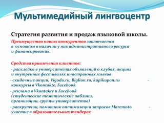 Мультимедийный лингвоцентр
Стратегия развития и продаж языковой школы.
Преимущество наших конкурентов заключается
в основном в наличии у них административного ресурса
и финансирования.
Средства привлечения клиентов:
- расклейка в университетах объявлений о клубах, акциях
и внутренних фестивалях иностранных языков
- скидочные акции, Vigoda.ru, Biglion.ru, kupikupon.ru -
конкурсы в Vkontakte, Facebook
- реклама в Vkontakte и Facebook
(студенческие тематические паблики,
организации, группы университетов)
- раскрутчик, помощник оптимизации запросов Maremoto -
участие в образовательных тендерах
 