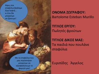 ΟΝΟΜΑ ΖΩΓΡΑΦΟΥ:
Bartolome Esteban Murillo
ΤΙΤΛΟΣ ΕΡΓΟΥ:
Πωλητές φρούτων
ΤΙΤΛΟΣ ΔΙΚΟΣ ΜΑΣ:
Τα παιδιά που πουλάνε
σταφύλια
Ευριπίδης Άγγελος
Με τα σταφύλια που
μας περίσσεψαν
μπορούμε να
εξασφαλίσουμε το
φαγητό μας!
Χάρις στα
σταφύλια βγάλαμε
λίγα λεφτά…
κι έτσι θα
μπορούμε
να ζήσουμε!
 