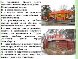На территории Правого берега
размещены нестационарные объекты:
36 – по договорам аренды;
20 – в стадии оформления;
3 – ведется работа по подготовке
документов в целях сноса объектов в
судебном порядке;
6 – рассматриваются в судебном
порядке вопрос сноса объектов и
освобождение земельных участков;
4 – есть решение суда о демонтаже
объекта и освобождении земельного
участка, на исполнении в Отделе
службы судебных приставов по
Советскому району города
Новосибирска;
4 – места свободных и администрацией
района предлагаются для размещения
нестационарных объектов.
Кроме этого на территории размещены
11 мобильных объектов: автолавки,
автоцистерны, и 6 мест свободны.
 