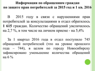 Информация по обращениям граждан
по защите прав потребителей за 2015 год и 1 кв. 2016
В 2015 году в связи с нарушениями прав
потребителей за консультациями в отдел обратилось
1 615 граждан. Количество обращений увеличилось
на 2,7 %, в том числе на личном приеме - на 5,4%
За 1 квартал 2016 года в отдел поступило 745
обращений потребителей (что на уровне прошлого
года – 744), в целом по городу Новосибирску
зафиксировано уменьшение количества обращений
на 6 %
 