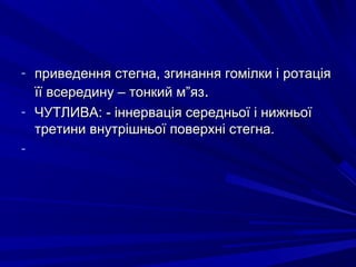 - приведення стегна, згинання гомілки і ротаціяприведення стегна, згинання гомілки і ротація
її всередину – тонкий м”язїї всередину – тонкий м”яз..
- ЧУТЛИВА: - іннервація середньої і нижньоїЧУТЛИВА: - іннервація середньої і нижньої
третини внутрішньої поверхні стегна.третини внутрішньої поверхні стегна.
-
 