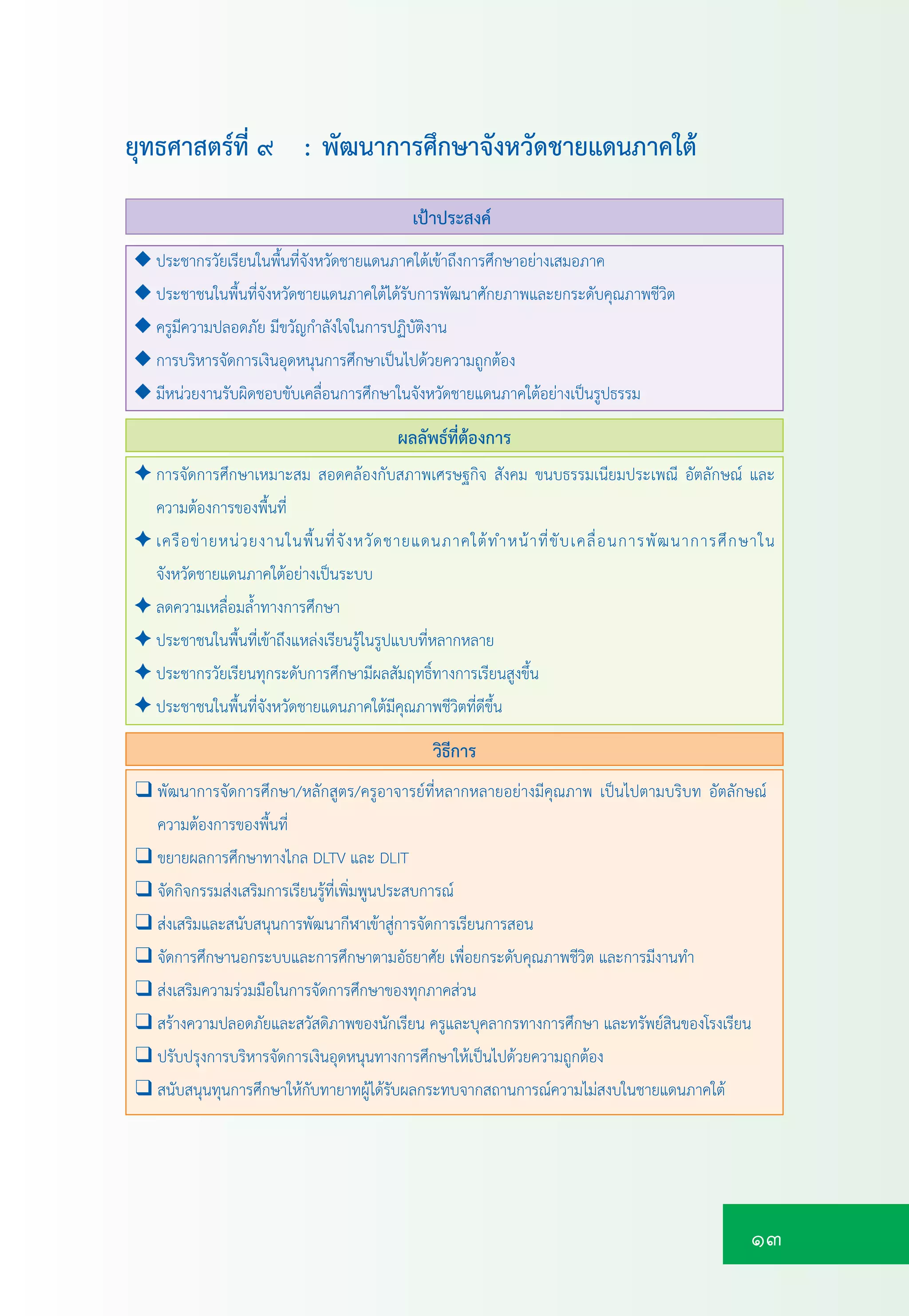 13
เปาประสงค
ผลลัพธที่ตองการ
✦ การจัดการศึกษาเหมาะสม สอดคลองกับสภาพเศรษฐกิจ สังคม ขนบธรรมเนียมประเพณี อัตลักษณ และ
ความตองการของพื้นที่
✦ เครือขายหนวยงานในพื้นที่จังหวัดชายแดนภาคใตทำหนาที่ขับเคลื่อนการพัฒนาการศึกษาใน
จังหวัดชายแดนภาคใตอยางเปนระบบ
✦ ลดความเหลื่อมล้ำทางการศึกษา
✦ ประชาชนในพื้นที่เขาถึงแหลงเรียนรูในรูปแบบที่หลากหลาย
✦ ประชากรวัยเรียนทุกระดับการศึกษามีผลสัมฤทธิ์ทางการเรียนสูงขึ้น
✦ ประชาชนในพื้นที่จังหวัดชายแดนภาคใตมีคุณภาพชีวิตที่ดีขึ้น
◆ ประชากรวัยเรียนในพื้นที่จังหวัดชายแดนภาคใตเขาถึงการศึกษาอยางเสมอภาค
◆ ประชาชนในพื้นที่จังหวัดชายแดนภาคใตไดรับการพัฒนาศักยภาพและยกระดับคุณภาพชีวิต
◆ ครูมีความปลอดภัย มีขวัญกำลังใจในการปฏิบัติงาน
◆ การบริหารจัดการเงินอุดหนุนการศึกษาเปนไปดวยความถูกตอง
◆ มีหนวยงานรับผิดชอบขับเคลื่อนการศึกษาในจังหวัดชายแดนภาคใตอยางเปนรูปธรรม
❑ พัฒนาการจัดการศึกษา/หลักสูตร/ครูอาจารยที่หลากหลายอยางมีคุณภาพ เปนไปตามบริบท อัตลักษณ
ความตองการของพื้นที่
❑ ขยายผลการศึกษาทางไกล DLTV และ DLIT
❑ จัดกิจกรรมสงเสริมการเรียนรูที่เพิ่มพูนประสบการณ
❑ สงเสริมและสนับสนุนการพัฒนากีฬาเขาสูการจัดการเรียนการสอน
❑ จัดการศึกษานอกระบบและการศึกษาตามอัธยาศัย เพื่อยกระดับคุณภาพชีวิต และการมีงานทำ
❑ สงเสริมความรวมมือในการจัดการศึกษาของทุกภาคสวน
❑ สรางความปลอดภัยและสวัสดิภาพของนักเรียน ครูและบุคลากรทางการศึกษา และทรัพยสินของโรงเรียน
❑ ปรับปรุงการบริหารจัดการเงินอุดหนุนทางการศึกษาใหเปนไปดวยความถูกตอง
❑ สนับสนุนทุนการศึกษาใหกับทายาทผูไดรับผลกระทบจากสถานการณความไมสงบในชายแดนภาคใต
วิธีการ
ยุทธศาสตรที่ ๙ : พัฒนาการศึกษาจังหวัดชายแดนภาคใต
 