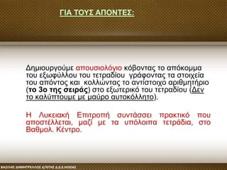 Δημιουργούμε απουσιολόγιο κόβοντας το απόκομμα
του εξωφύλλου του τετραδίου γράφοντας τα στοιχεία
του απόντος και κολλώντας το αντίστοιχο αριθμητήριο
(το 3ο της σειράς) στο εξωτερικό του τετραδίου (Δεν
το καλύπτουμε με μαύρο αυτοκόλλητο).
Η Λυκειακή Επιτροπή συντάσσει πρακτικό που
αποστέλλεται, μαζί με τα υπόλοιπα τετράδια, στο
Βαθμολ. Κέντρο.
ΓΙΑ ΤΟΥΣ ΑΠΟΝΤΕΣ:
 