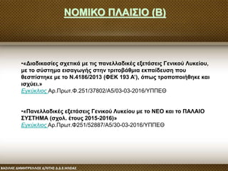 •«Διαδικασίες σχετικά με τις πανελλαδικές εξετάσεις Γενικού Λυκείου,
με το σύστημα εισαγωγής στην τριτοβάθμια εκπαίδευση που
θεσπίστηκε με το Ν.4186/2013 (ΦΕΚ 193 Α’), όπως τροποποιήθηκε και
ισχύει.»
Εγκύκλιος Αρ.Πρωτ.Φ.251/37802/Α5/03-03-2016/ΥΠΠΕΘ
•«Πανελλαδικές εξετάσεις Γενικού Λυκείου με το ΝΕΟ και το ΠΑΛΑΙΟ
ΣΥΣΤΗΜΑ (σχολ. έτους 2015-2016)»
Εγκύκλιος Αρ.Πρωτ.Φ251/52887/Α5/30-03-2016/ΥΠΠΕΘ
ΝΟΜΙΚΟ ΠΛΑΙΣΙΟ (Β)
 