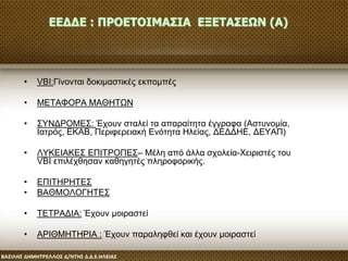 • VBI:Γίνονται δοκιμαστικές εκπομπές
• ΜΕΤΑΦΟΡΑ ΜΑΘΗΤΩΝ
• ΣΥΝΔΡΟΜΕΣ: Έχουν σταλεί τα απαραίτητα έγγραφα (Αστυνομία,
Ιατρός, ΕΚΑΒ, Περιφερειακή Ενότητα Ηλείας, ΔΕΔΔΗΕ, ΔΕΥΑΠ)
• ΛΥΚΕΙΑΚΕΣ ΕΠΙΤΡΟΠΕΣ– Μέλη από άλλα σχολεία-Xειριστές του
VBI επιλέχθησαν καθηγητές πληροφορικής.
• ΕΠΙΤΗΡΗΤΕΣ
• ΒΑΘΜΟΛΟΓΗΤΕΣ
• ΤΕΤΡΑΔΙΑ: Έχουν μοιραστεί
• ΑΡΙΘΜΗΤΗΡΙΑ : Έχουν παραληφθεί και έχουν μοιραστεί
ΕΕΔΔΕ : ΠΡΟΕΤΟΙΜΑΣΙΑ ΕΞΕΤΑΣΕΩΝ (Α)
 