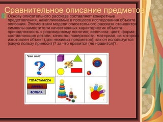Сравнительное описание предметов
Основу описательного рассказа составляют конкретные
представления, накапливаемые в процессе исследования объекта
описания. Элементами модели описательного рассказа становятся
символы-заместители качественных характеристик объекта:
принадлежность к родовидовому понятию; величина; цвет; форма;
составляющие детали; качество поверхности; материал, из которого
изготовлен объект (для неживых предметов); как он используется
(какую пользу приносит)? за что нравится (не нравится)?
 