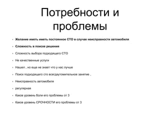 Потребности и
проблемы
• Желание иметь иметь постоянное СТО в случае неисправности автомобиля
• Сложность в поиске решения
• Сложность выбора подходящего СТО
• Не качественные услуги
• Нашел , но еще не знает что у нас лучше
• Поиск подходящего сто всегдаутомительное занятие ,
• Неисправность автомобиля
• регулярная
• Каков уровень боли его проблемы от 3
• Каков уровень СРОЧНОСТИ его проблемы от 3
 