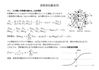 次に，入力層と中間層の重みw_1ijを更新．
中間層のユニットjはすべての出力層のユニットと連結しているので，
二乗誤差Eの重みw_1ijによる微分は，出力層の全ユニットの合計となる．
∂E
∂w1ij
=
q
k=1
∂E
∂yk
∂yk
∂u2k
∂u2k
∂w1ij
= −
q
k=1
(rk − yk)yk(1 − yk)
∂u2k
∂w1ij
∂u2k
∂w1ij
=
∂u2k
∂zj
∂zj
∂w1ij
=
∂u2k
∂zj
(
∂zj
∂u1j
∂u1j
∂w1ij
) = w2jkzj(1 − zj)xi
∆w1ij = η
q
k=1
{(rk − yk)yk(1 − yk)w2jk} zj(1 − zj)xi更新量は，
この更新式のシグモイド関数は，uが0より非常に小さいときyは0に近づき，微分の項も0に近づく．
uが1より非常に大きいときyは1に近づき，微分の項も0に近づく．
このように，更新量が0に近づき更新されなくなる問題がある．いわゆる勾配消失問題
f(u) =
1
1 + e−u
, u =
n
i=1
wixi
結論，誤差逆伝播法のもやもやが解消されてSAN値が上がった．
誤差逆伝播法05
 