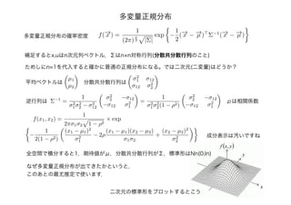 多変量正規分布
多変量正規分布の確率密度 f(−→x ) =
1
(2π)
n
2 |Σ|
exp −
1
2
(−→x − −→µ ) Σ−1
(−→x − −→µ )
補足するとx,uはn次元列ベクトル，Σはn×n対称行列(分散共分散行列のこと)
ためしにn=1を代入すると確かに普通の正規分布になる。では二次元(二変量)はどうか？
µ1
µ2
平均ベクトルは 分散共分散行列は
σ2
1 σ12
σ12 σ2
2
Σ−1
=
1
σ2
1σ2
2 − σ2
12
σ2
2 −σ12
−σ12 σ2
1
=
1
σ2
1σ2
2(1 − ρ2)
σ2
2 −σ12
−σ12 σ2
1
逆行列は ρは相関係数
成分表示は汚いですね
f(x1, x2) =
1
2πσ1σ2 1 − ρ2
× exp
−
1
2(1 − ρ2)
(x1 − µ1)2
σ2
1
− 2ρ
(x1 − µ1)(x2 − µ2)
σ1σ2
+
(x2 − µ2)2
σ2
2
二次元の標準形をプロットするとこう
なぜ多変量正規分布が出てきたかというと，
このあとの最尤推定で使います．
全空間で積分すると1，期待値がμ，分散共分散行列がΣ，標準形はNn(0,In)
 