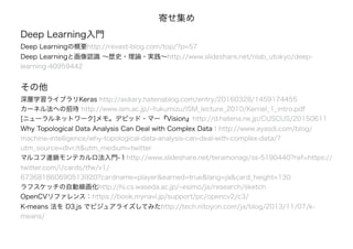 Deep Learning入門
Deep Learningの概要http://revast-blog.com/top/?p=57
Deep Learningと画像認識 ～歴史・理論・実践～http://www.slideshare.net/nlab_utokyo/deep-
learning-40959442
その他
深層学習ライブラリKeras http://aidiary.hatenablog.com/entry/20160328/1459174455
カーネル法への招待 http://www.ism.ac.jp/~fukumizu/ISM_lecture_2010/Kernel_1_intro.pdf
[ニューラルネットワーク]メモ。デビッド・マー『Vision』http://d.hatena.ne.jp/CUSCUS/20150611
Why Topological Data Analysis Can Deal with Complex Data：http://www.ayasdi.com/blog/
machine-intelligence/why-topological-data-analysis-can-deal-with-complex-data/?
utm_source=dlvr.it&utm_medium=twitter
マルコフ連鎖モンテカルロ法入門-１http://www.slideshare.net/teramonagi/ss-5190440?ref=https://
twitter.com/i/cards/tfw/v1/
673681860690513920?cardname=player&earned=true&lang=ja&card_height=130
ラフスケッチの自動線画化http://hi.cs.waseda.ac.jp/~esimo/ja/research/sketch
OpenCVリファレンス：https://book.mynavi.jp/support/pc/opencv2/c3/
K-means 法を D3.js でビジュアライズしてみたhttp://tech.nitoyon.com/ja/blog/2013/11/07/k-
means/
寄せ集め
 