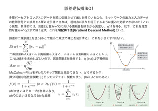 多層パーセプトロンが入力データを順に伝播させて出力を得ているなら，ネットワークの出力と入力データ
の教師信号との誤差を各層に逆伝播できれば，現時点の誤りを訂正するように重みを更新できないか？とい
う発想．具体的には，誤差Eと重みw^0における更新量を傾きから決定し，w^1を得る．以下，これを理想
的な重みw^optまで繰り返す．これを勾配降下法(Gradient Descent Method)という．
誤差は二乗誤差Eを使う(あとで最小二乗法で導出を紹介する)．これを小さくすればよい．
E(w) =
N
n=1
||rn − yn||2
二乗誤差Eが大きいとき更新量も大きく，小さいとき更新量も小さくしたい．
これは傾きを求めればよいので，誤差関数Eを微分する．η(eta)は学習係数
∆w = −η
∂E
∂w
McCulloch-Pittsモデルのステップ関数は微分できない．どうするか？
微分可能な活性化関数f(u)としてシグモイド関数を使う．(ReLUとかもある)
f(x) =
1
1 + e−ax
(a > 0), f(u) =
1
1 + e−u
aが大きいほどカーブが急激になり，
aが0に近いほどなだらかな曲線
u =
n
i=1
wixi
誤差逆伝播法01
 
