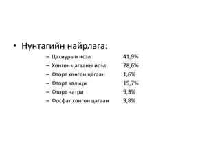 • Нунтагийн найрлага:
– Цахиурын исэл 41,9%
– Хөнгөн цагааны исэл 28,6%
– Фторт хөнгөн цагаан 1,6%
– Фторт кальци 15,7%
– Фторт натри 9,3%
– Фосфат хөнгөн цагаан 3,8%
 