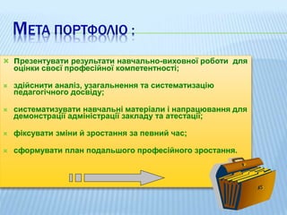 МЕТА ПОРТФОЛІО :
 презентувати результати навчально-виховної роботи для
оцінки своєї професійної компетентності;
 здійснити аналіз, узагальнення та систематизацію
педагогічного досвіду;
 систематизувати навчальні матеріали і напрацювання для
демонстрації адміністрації закладу та атестації;
 фіксувати зміни й зростання за певний час;
 сформувати план подальшого професійного зростання.
 