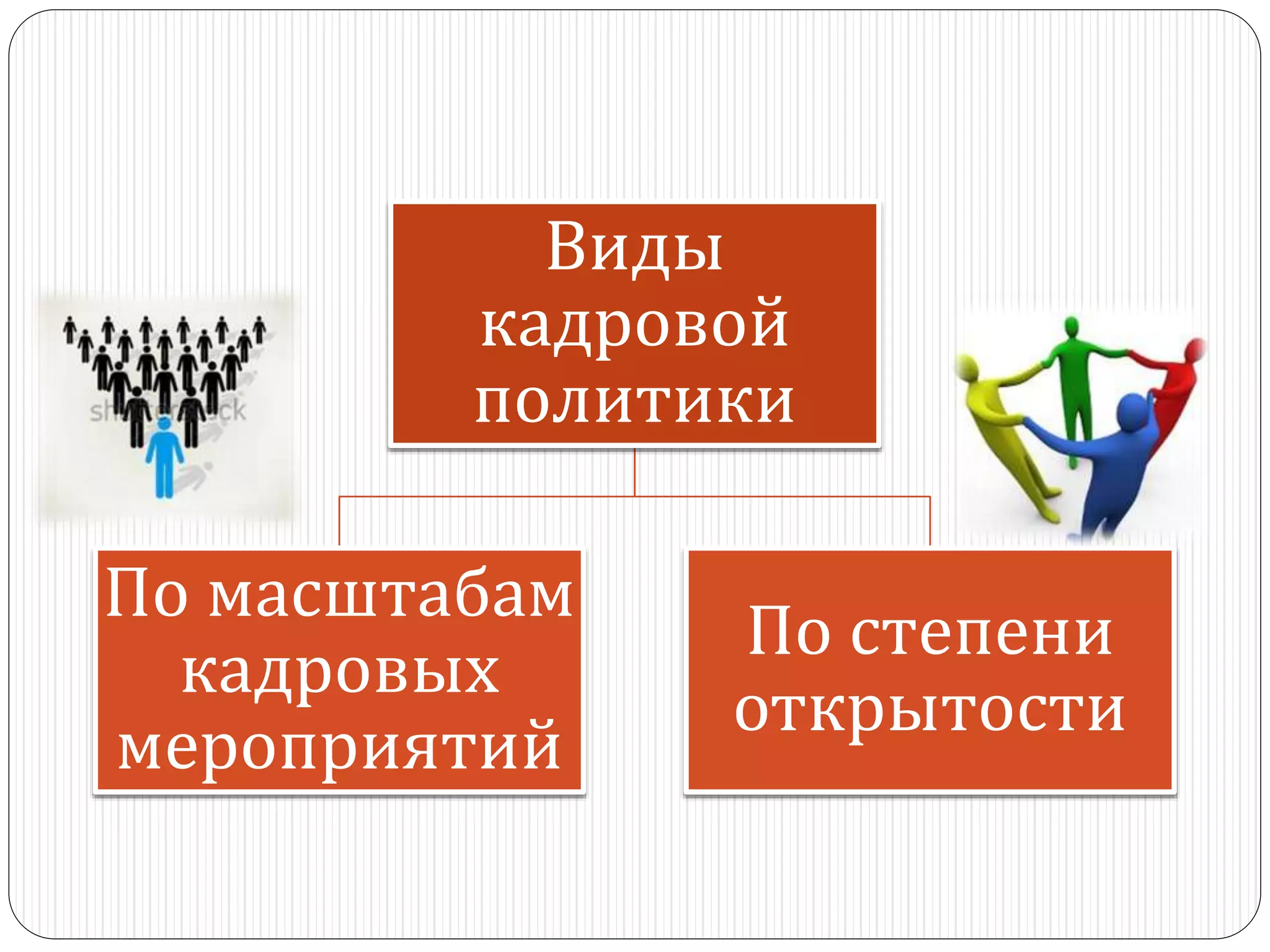 Виды
кадровой
политики
По масштабам
кадровых
мероприятий
По степени
открытости
 