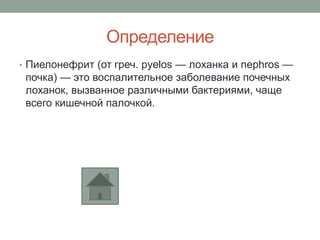 Определение
• Пиелонефрит (от греч. pyelos — лоханка и nephros —
почка) — это воспалительное заболевание почечных
лоханок, вызванное различными бактериями, чаще
всего кишечной палочкой.
 