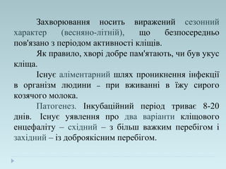 Захворювання носить виражений сезонний
характер (весняно-літній), що безпосередньо
пов'язано з періодом активності кліщів.
Як правило, хворі добре пам'ятають, чи був укус
кліща.
Існує аліментарний шлях проникнення інфекції
в організм людини – при вживанні в їжу сирого
козячого молока.
Патогенез. Інкубаційний період триває 8-20
днів. Існує уявлення про два варіанти кліщового
енцефаліту – східний – з більш важким перебігом і
західний – із доброякісним перебігом.
 