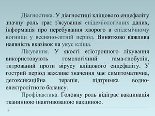 Діагностика. У діагностиці кліщового енцефаліту
значну роль грає з'ясування епідеміологічних даних,
інформація про перебування хворого в епідемічному
вогнищі у весняно-літній період. Винятково важлива
наявність вказівок на укус кліща.
Лікування. У якості етіотропного лікування
використовують гомологічний гама-глобулін,
титрований проти вірусу кліщового енцефаліту. У
гострий період важливе значення має симптоматична,
детоксикаційна терапія, підтримка водно-
електролітного балансу.
Профілактика. Головну роль відіграє вакцинація
тканинною інактивованою вакциною.
 