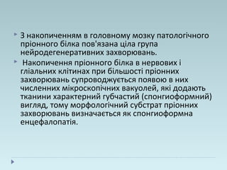  З накопиченням в головному мозку патологічного
пріонного білка пов'язана ціла група
нейродегенеративних захворювань.
 Накопичення пріонного білка в нервових і
гліальних клітинах при більшості пріонних
захворювань супроводжується появою в них
численних мікроскопічних вакуолей, які додають
тканини характерний губчастий (спонгиоформний)
вигляд, тому морфологічний субстрат пріонних
захворювань визначається як спонгиоформна
енцефалопатія.
 