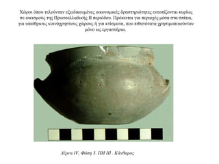 Χώροι όπου τελούνταν εξειδικευμένες οικονομικές δραστηριότητες εντοπίζονται κυρίως
σε οικισμούς της Πρωτοελλαδικής ΙΙ περιόδου. Πρόκειται για περιοχές μέσα στα σπίτια,
για υπαίθριους κοινόχρηστους χώρους ή για κτίσματα, που πιθανότατα χρησιμοποιούνταν
μόνο ως εργαστήρια.
Λέρνα IV, Φάση 3. ΠH III . Κάνθαρος
 