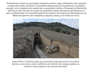 Τα βορειότερα σύνορα της μυκηναϊκής επικράτειας φτάνουν μέχρι τη Θεσσαλία, όπου ξεχωρίζει
το σημαντικό κέντρο της Ιωλκού. Η μυκηναϊκή επιρροή όμως εκεί περιορίζεται στις παράλιες
περιοχές, ενώ η ενδοχώρα μένει μακριά από τις μυκηναϊκές εξελίξεις. Η περιοχή της Μακεδονίας
φαίνεται ότι ήταν έξω από την τροχιά του μυκηναϊκού κόσμου και δεμένη περισσότερο με το
χώρο της Βαλκανικής. Τα μυκηναϊκά προϊόντα που έφταναν στα λιμάνια της Χαλκιδικής και της
Θάσου φανερώνουν μόνο σποραδικές εμπορικές επαφές με τα κέντρα του νότου.
Διμήνι Βόλου. Ο θολωτός τάφος της μυκηναϊκής εποχής ζωντανεύει τους μύθους
σχετικά με την Ιωλκό η οποία τοποθετείται από πολλούς στην περιοχή ακριβώς του
Διμηνίου, θέσης κομβικής στην αιγαιακή προϊστορία.
 