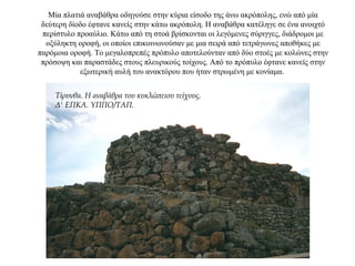 Μία πλατιά αναβάθρα οδηγούσε στην κύρια είσοδο της άνω ακρόπολης, ενώ από μία
δεύτερη δίοδο έφτανε κανείς στην κάτω ακρόπολη. Η αναβάθρα κατέληγε σε ένα ανοιχτό
περίστυλο προαύλιο. Κάτω από τη στοά βρίσκονται οι λεγόμενες σύριγγες, διάδρομοι με
οξύληκτη οροφή, οι οποίοι επικοινωνούσαν με μια σειρά από τετράγωνες αποθήκες με
παρόμοια οροφή. Το μεγαλοπρεπές πρόπυλο αποτελούνταν από δύο στοές με κολώνες στην
πρόσοψη και παραστάδες στους πλευρικούς τοίχους. Από το πρόπυλο έφτανε κανείς στην
εξωτερική αυλή του ανακτόρου που ήταν στρωμένη με κονίαμα.
Τίρυνθα. Η αναβάθρα του κυκλώπειου τείχους.
Δ' ΕΠΚΑ. YΠΠO/TAΠ.
 