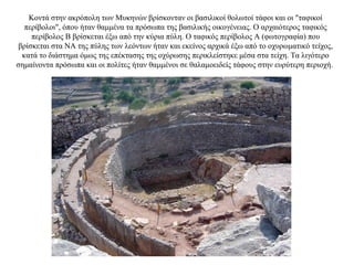 Κοντά στην ακρόπολη των Μυκηνών βρίσκονταν οι βασιλικοί θολωτοί τάφοι και οι "ταφικοί
περίβολοι", όπου ήταν θαμμένα τα πρόσωπα της βασιλικής οικογένειας. Ο αρχαιότερος ταφικός
περίβολος Β βρίσκεται έξω από την κύρια πύλη. Ο ταφικός περίβολος Α (φωτογραφία) που
βρίσκεται στα ΝΑ της πύλης των λεόντων ήταν και εκείνος αρχικά έξω από το οχυρωματικό τείχος,
κατά το διάστημα όμως της επέκτασης της οχύρωσης περικλείστηκε μέσα στα τείχη. Τα λιγότερο
σημαίνοντα πρόσωπα και οι πολίτες ήταν θαμμένοι σε θαλαμοειδείς τάφους στην ευρύτερη περιοχή.
 