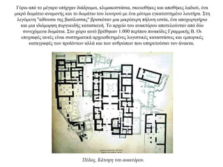 Γύρω από το μέγαρο υπήρχαν διάδρομοι, κλιμακοστάσια, σκευοθήκες και αποθήκες λαδιού, ένα
μικρό δωμάτιο αναμονής και το δωμάτιο του λουτρού με ένα μόνιμα εγκατεστημένο λουτήρα. Στη
λεγόμενη "αίθουσα της βασίλισσας" βρισκόταν μια μικρότερη πήλινη εστία, ένα αποχωρητήριο
και μια ιδιόμορφη πυργοειδής κατασκευή. Το αρχείο του ανακτόρου αποτελούνταν από δύο
συνεχόμενα δωμάτια. Στο χώρο αυτό βρέθηκαν 1.000 περίπου πινακίδες Γραμμικής Β. Οι
επιγραφές αυτές είναι συστηματικά αρχειοθετημένες λογιστικές καταστάσεις και εμπορικές
καταγραφές των προϊόντων αλλά και των ανθρώπων που υπηρετούσαν τον άνακτα.
Πύλος. Κάτοψη του ανακτόρου.
 