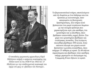 Το βορειοανατολικό κτήριο, αποτελούμενο
από έξι δωμάτια με ένα διάδρομο και ένα
προστώο με κιονοστοιχία, ήταν
αφιερωμένο σε βιοτεχνικές
δραστηριότητες. Στο κτήριο αυτό
βρίσκονταν ένα μικρό τετράγωνο δωμάτιο
με την ανοιχτή πρόσοψη που
χαρακτηρίζεται ιερό, μία αποθήκη, ένα
εργαστήριο και η οπλοθήκη, όπου
βρέθηκαν εκατοντάδες αιχμές βελών. Στο
χώρο του εργαστηρίου βρέθηκαν και
ενεπίγραφες πινακίδες. Στη λεγόμενη
σκευοθήκη βρέθηκαν 850 αγγεία. Στην
απέναντι πλευρά του χώρου αυτού
βρισκόταν η μεγάλη οιναποθήκη, όπου
υπήρχαν 35 πιθάρια με κρασί. Σε 60 πήλινα
σφραγίσματα που βρέθηκαν στην αποθήκη
υπήρχε χαραγμένο το ιδεόγραμμα της
Γραμμικής B που δήλωνε το κρασί.
Ο σπουδαίος αμερικανός αρχαιολόγος Κάρλ
Μπλέγκεν υπήρξε ο ακάματος ανασκαφέας της
Πύλου κατά τα έτη 1938-9 και 1952-62. Ο
Μπλέγκεν με την υποδειγματική ανασκαφή του
έφερε στο φως το «βασίλειο του Νέστορα».
 