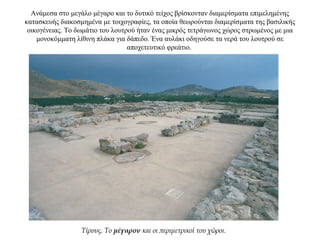 Ανάμεσα στο μεγάλο μέγαρο και το δυτικό τείχος βρίσκονταν διαμερίσματα επιμελημένης
κατασκευής διακοσμημένα με τοιχογραφίες, τα οποία θεωρούνται διαμερίσματα της βασιλικής
οικογένειας. Το δωμάτιο του λουτρού ήταν ένας μικρός τετράγωνος χώρος στρωμένος με μια
μονοκόμματη λίθινη πλάκα για δάπεδο. Ένα αυλάκι οδηγούσε τα νερά του λουτρού σε
αποχετευτικό φρεάτιο.
Τίρυνς. Το μέγαρον και οι περιμετρικοί του χώροι.
 