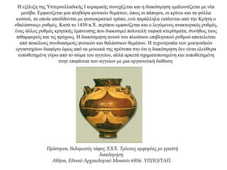 Η εξέλιξη της Υστεροελλαδικής Ι κεραμικής συνεχίζεται και η διακόσμηση εμπλουτίζεται με νέα
μοτίβα. Εμφανίζεται μια πληθώρα φυτικών θεμάτων, όπως οι πάπυροι, οι κρίνοι και τα φύλλα
κισσού, τα οποία αποδίδονται με φυσιοκρατικό τρόπο, ενώ παράλληλα εισάγεται από την Κρήτη ο
«θαλάσσιος» ρυθμός. Κατά το 1450 π.Χ. περίπου εμφανίζεται και ο λεγόμενος ανακτορικός ρυθμός,
ένας άλλος ρυθμός κρητικής έμπνευσης που διακοσμεί πολυτελή ταφικά κτερίσματα, συνήθως τους
πιθαμφορείς και τις πρόχους. Η διακόσμηση αυτού του πλούσιου επιβλητικού ρυθμού αποτελείται
από ποικίλους συνδυασμούς φυτικών και θαλάσσιων θεμάτων. Η τεχνοτροπία των μυκηναϊκών
εργαστηρίων διαφέρει όμως από τα μινωικά της πρότυπα στο ότι η διακόσμηση δεν είναι ελεύθερα
τοποθετημένη γύρω από το σώμα του αγγείου, αλλά αρκετά σχηματοποιημένη και τοποθετημένη
στην επιφάνεια των αγγείων με μια οργανωτική διάθεση
Πρόσυμνα, θαλαμωτός τάφος ΧΧΧ. Τρίωτος αμφορέας με γραπτή
διακόσμηση.
Αθήνα, Εθνικό Αρχαιολογικό Μουσείο 6956. ΥΠΠΟ/ΤΑΠ.
 