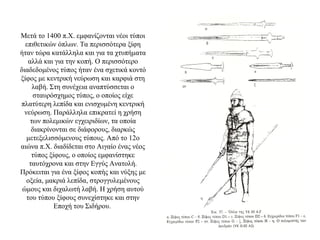 Μετά το 1400 π.Χ. εμφανίζονται νέοι τύποι
επιθετικών όπλων. Τα περισσότερα ξίφη
ήταν τώρα κατάλληλα και για τα χτυπήματα
αλλά και για την κοπή. Ο περισσότερο
διαδεδομένος τύπος ήταν ένα σχετικά κοντό
ξίφος με κεντρική νεύρωση και καρφιά στη
λαβή. Στη συνέχεια αναπτύσσεται ο
σταυρόσχημος τύπος, ο οποίος είχε
πλατύτερη λεπίδα και ενισχυμένη κεντρική
νεύρωση. Παράλληλα επικρατεί η χρήση
των πολεμικών εγχειριδίων, τα οποία
διακρίνονται σε διάφορους, διαρκώς
μετεξελισσόμενους τύπους. Από το 12ο
αιώνα π.Χ. διαδίδεται στο Αιγαίο ένας νέος
τύπος ξίφους, ο οποίος εμφανίστηκε
ταυτόχρονα και στην Εγγύς Ανατολή.
Πρόκειται για ένα ξίφος κοπής και νύξης με
οξεία, μακριά λεπίδα, στρογγυλεμένους
ώμους και διχαλωτή λαβή. Η χρήση αυτού
του τύπου ξίφους συνεχίστηκε και στην
Εποχή του Σιδήρου.
 
