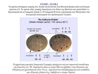 ΓΡΑΦΗ – ΓΕΝΙΚΑ
Τα πρώτα συστήματα γραφής στο Αιγαίο συναντώνται στη Μινωική Κρήτη κατά τη δεύτερη
χιλιετία π.Χ. Το πρώτο είδος γραφής διασώζεται στο δίσκο της Φαιστού και ακολουθούν η
Ιερογλυφική και η Γραμμική γραφή Α. Η Γραμμική Β είναι η προσφορά των Μυκηναίων στα
πνευματικά επιτεύγματα του προϊστορικού Αιγαίου.
Η αρχαιότερη μαρτυρία Γραμμικής Β γραφής προέρχεται από μια σημαντική ανακάλυψη
της δεκαετίας του ’90. Χαραγμένα πάνω σε μικρό λίθο που βρέθηκε στην Καυκανία της
Ολυμπίας και χρονολογείται στον 17ο αι., σημειώνονται συλλαβογράμματα που αποδίδουν
την ελληνική γλώσσα (π.χ. διαβάζεται το όνομα Χάρων).
 