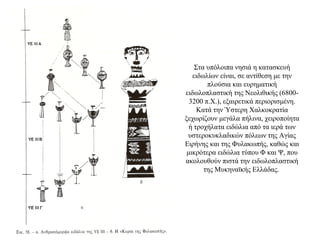 Στα υπόλοιπα νησιά η κατασκευή
ειδωλίων είναι, σε αντίθεση με την
πλούσια και ευρηματική
ειδωλοπλαστική της Νεολιθικής (6800-
3200 π.Χ.), εξαιρετικά περιορισμένη.
Kατά την Ύστερη Χαλκοκρατία
ξεχωρίζουν μεγάλα πήλινα, χειροποίητα
ή τροχήλατα ειδώλια από τα ιερά των
υστεροκυκλαδικών πόλεων της Αγίας
Ειρήνης και της Φυλακωπής, καθώς και
μικρότερα ειδώλια τύπου Φ και Ψ, που
ακολουθούν πιστά την ειδωλοπλαστική
της Μυκηναϊκής Ελλάδας.
 