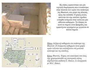 Ως κήπος ερμηνεύτηκε και μία
τεχνητή διαμόρφωση που εντοπίστηκε
στην πλατεία των ιερών στο ανάκτορο
της Φαιστού, στο χώρο της πλαγιάς
προς την πεδιάδα. Ο χώρος αυτός
φαίνεται ότι είχε κατόπιν σχεδίου
ενταχθεί ανάμεσα στην αυλή και μία
αίθουσα καθαρμών. Το έδαφος σε
αυτό το σημείο είναι βραχώδες και
εμφανίζεται τρυπημένο με εργαλεία σε
πολλά σημεία.
Πάνω: Δεξαμενή καθαρμών στο ανάκτορο της
Φαιστού. Οι δεξαμενές καθαρμών ήταν χώροι
ιερών τελετών και εντοπίζονται στα μινωικά
ανάκτορα και τις επαύλεις.
Κάτω: Φαιστός. Χώρος του ανακτόρου που ίσως
είχε χρησιμοποιηθεί ως εσωτερικός κήπος
(σχεδιαστική απόδοση G. Bianco, σε συνεργασία
με M.C. Shaw).
 