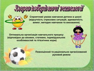 Повноцінний та раціонально організований
руховий режим
Оптимальна організація навчального процесу
(відповідно до вікових, статевих, індивідуальних
особливостей та гігієнічних норм)
Cприятливі умови навчання дитини в школі
(відсутність стресових ситуацій, адекватність
вимог, методик навчання та виховання)
 