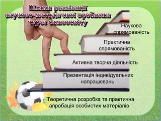 Практична
спрямованість
Наукова
спрямованість
Презентація індивідуальних
напрацювань
Активна творча діяльність
Теоретична розробка та практична
апробація особистих матеріалів
 