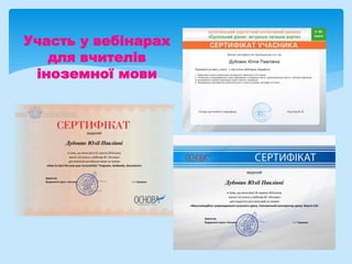 Участь у вебінарах
для вчителів
іноземної мови
 