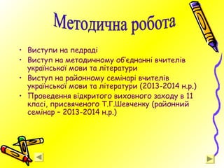 • Виступи на педраді
• Виступ на методичному об’єднанні вчителів
української мови та літератури
• Виступ на районному семінарі вчителів
української мови та літератури (2013-2014 н.р.)
• Проведення відкритого виховного заходу в 11
класі, присвяченого Т.Г.Шевченку (районний
семінар – 2013-2014 н.р.)
 