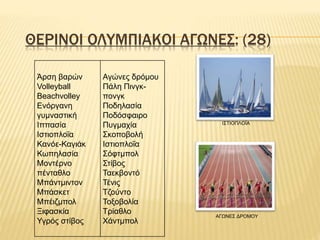 ΘΕΡΙΝΟΙ ΟΛΥΜΠΙΑΚΟΙ ΑΓΩΝΕΣ: (28)
Άρση βαρών
Volleyball
Beachvolley
Ενόργανη
γυμναστική
Ιππασία
Ιστιοπλοΐα
Κανόε-Καγιάκ
Κωπηλασία
Μοντέρνο
πένταθλο
Μπάντμιντον
Μπάσκετ
Μπέιζμπολ
Ξιφασκία
Υγρός στίβος
Αγώνες δρόμου
Πάλη Πινγκ-
πονγκ
Ποδηλασία
Ποδόσφαιρο
Πυγμαχία
Σκοποβολή
Iστιοπλοΐα
Σόφτμπολ
Στίβος
Ταεκβοντό
Τένις
Τζούντο
Τοξοβολία
Τρίαθλο
Χάντμπολ
ΙΣΤΙΟΠΛΟΪΑ
ΑΓΩΝΕΣ ΔΡΟΜΟΥ
 