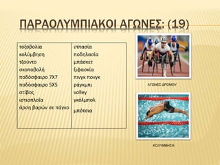 ΠΑΡΑΟΛΥΜΠΙΑΚΟΙ ΑΓΩΝΕΣ: (19)
τοξοβολία
κολύμβηση
τζούντο
σκοποβολή
ποδόσφαιρο 7X7
ποδόσφαιρο 5X5
στίβος
ιστιοπλοΐα
άρση βαρών σε πάγκο
ιππασία
ποδηλασία
μπάσκετ
ξιφασκία
πινγκ πονγκ
ράγκμπι
volley
γκόλμπολ
μπότσια
ΑΓΩΝΕΣ ΔΡΟΜΟΥ
ΚΟΛΥΜΒΗΣΗ
 