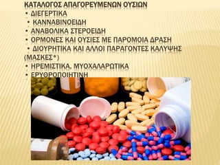 ΚΑΤΑΛΟΓΟΣ ΑΠΑΓΟΡΕΥΜΕΝΩΝ ΟΥΣΙΩΝ
• ΔΙΕΓΕΡΤΙΚΑ
• ΚΑΝΝΑΒΙΝΟΕΙΔΗ
• ΑΝΑΒΟΛΙΚΑ ΣΤΕΡΟΕΙΔΗ
• ΟΡΜΟΝΕΣ ΚΑΙ ΟΥΣΙΕΣ ΜΕ ΠΑΡΟΜΟΙΑ ΔΡΑΣΗ
• ΔΙΟΥΡΗΤΙΚΑ ΚΑΙ ΑΛΛΟΙ ΠΑΡΑΓΟΝΤΕΣ ΚΑΛΥΨΗΣ
(ΜΑΣΚΕΣ*)
• ΗΡΕΜΙΣΤΙΚΑ, ΜΥΟΧΑΛΑΡΩΤΙΚΑ
• ΕΡΥΘΡΟΠΟΙΗΤΙΝΗ
 