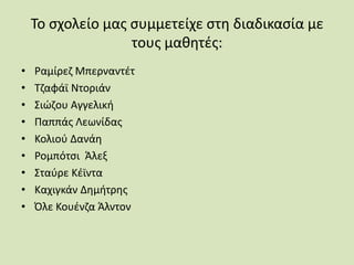 Το σχολείο μας συμμετείχε στη διαδικασία με
τους μαθητές:
• Ραμίρεζ Μπερναντέτ
• Τζαφάϊ Ντοριάν
• Σιώζου Αγγελική
• Παππάς Λεωνίδας
• Κολιού Δανάη
• Ρομπότσι Άλεξ
• Σταύρε Κέϊντα
• Καχιγκάν Δημήτρης
• Όλε Κουένζα Άλντον
 