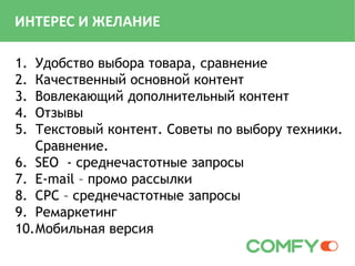 ИНТЕРЕС И ЖЕЛАНИЕ
1. Удобство выбора товара, сравнение
2. Качественный основной контент
3. Вовлекающий дополнительный контент
4. Отзывы
5. Текстовый контент. Советы по выбору техники.
Сравнение.
6. SEO - среднечастотные запросы
7. E-mail – промо рассылки
8. CPC – среднечастотные запросы
9. Ремаркетинг
10.Мобильная версия
 